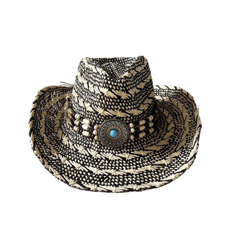 Ethnic Style Western Cowgirl Hat, Curling Brim Straw Beach Hat