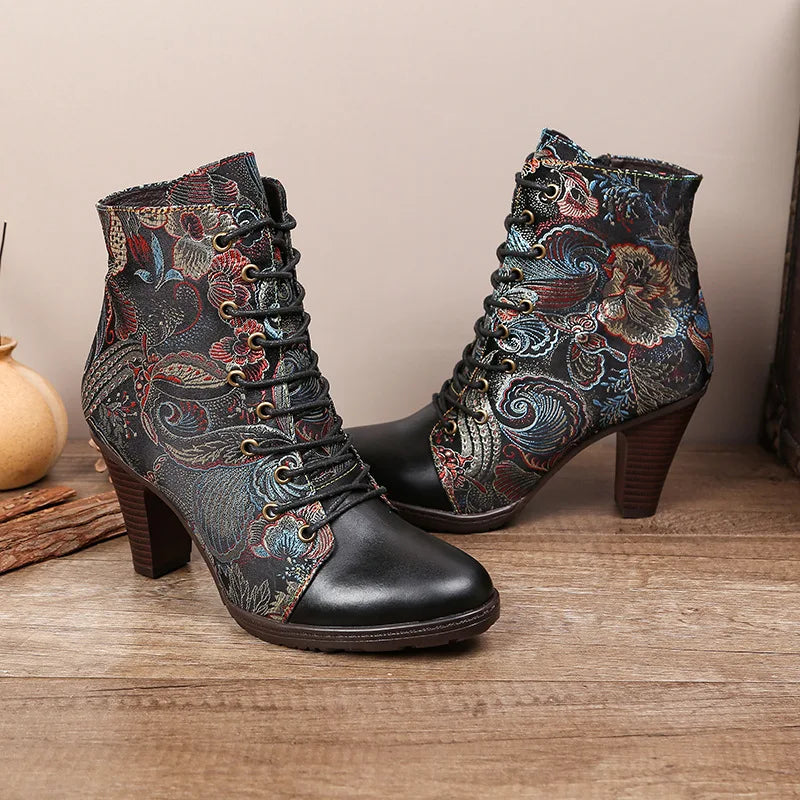 Johnature Dark Academia Ankle Boots, Genuine Leather Ethnic Style Pointed Toe