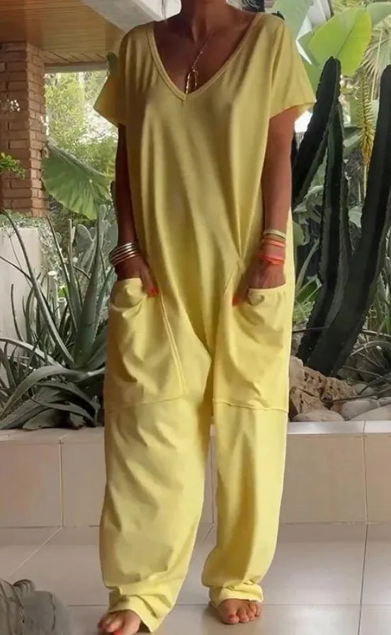 Summer Vintage Jumpsuits, Short Sleeve Loose Playsuit Overalls Romper With Pocket