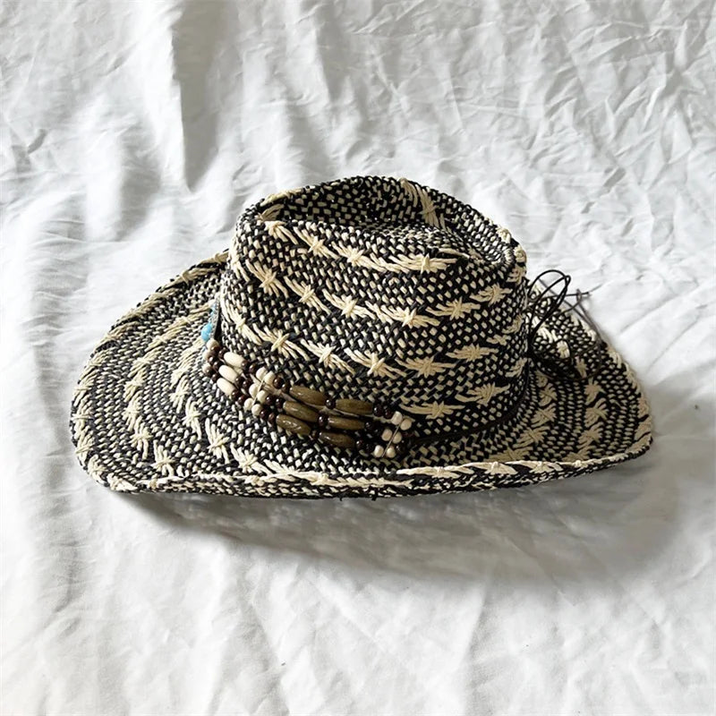 Ethnic Style Western Cowgirl Hat, Curling Brim Straw Beach Hat