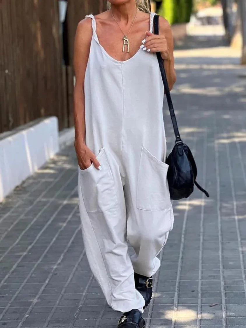 Women Loose Jumpsuits, Casual V Neck Backless Sleeveless Double Pocket Wide Leg Overalls 