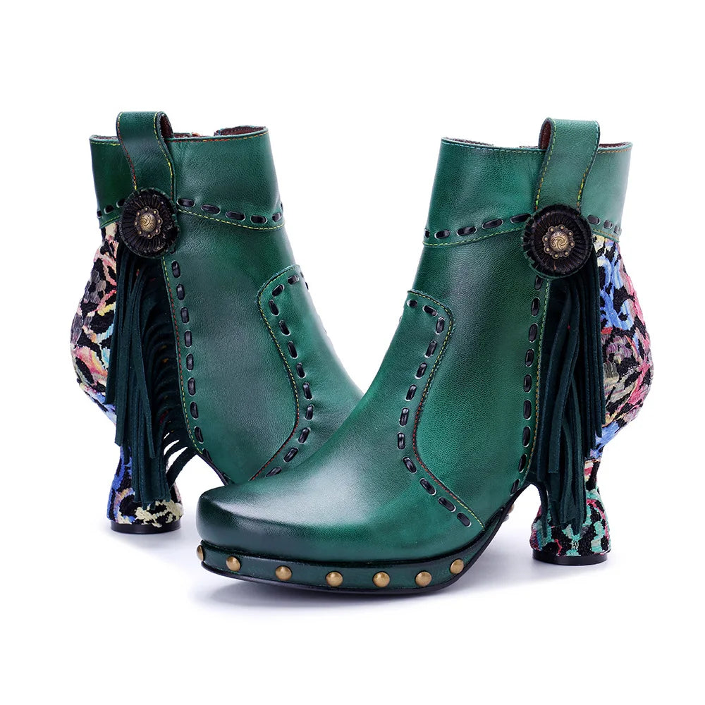Johnature Handmade Genuine Green Leather Patchwork Printed Women's Boots