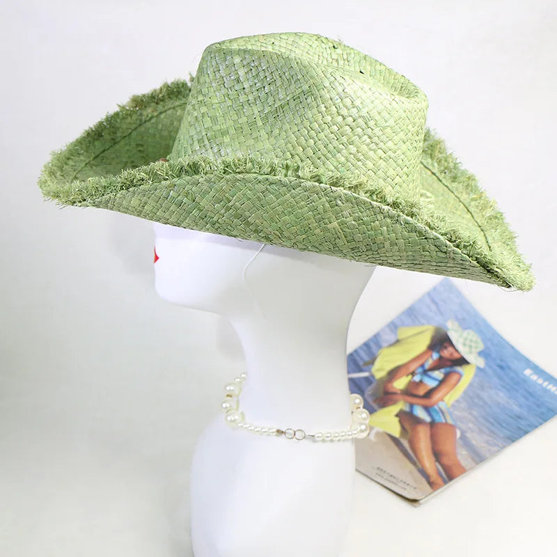 Boho Western Straw Cowboy Hat, Beach Vacation Sun Hat