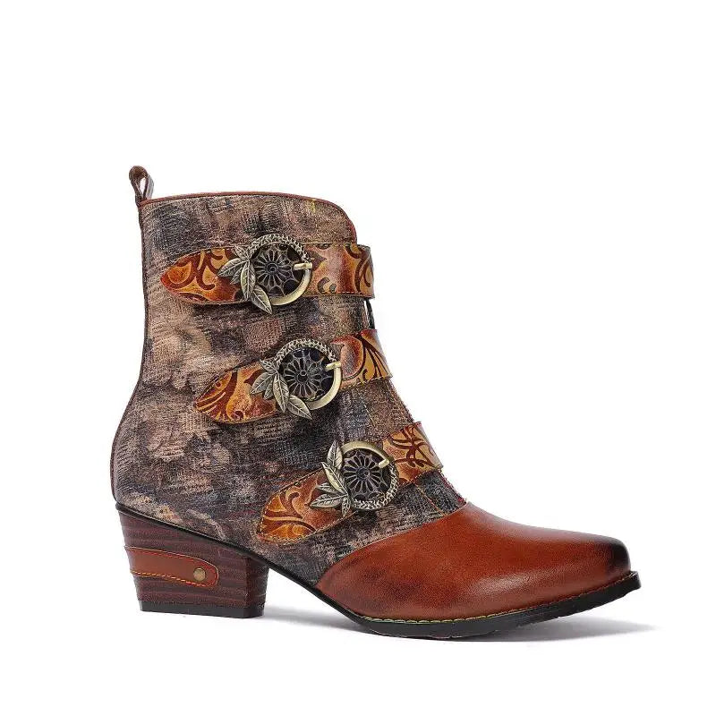 Johnature Embossed Strap Ankle Boots, Genuine Leather Patchwork Front Zip Pointed Toe