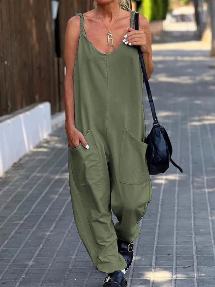 Women Loose Jumpsuits, Casual V Neck Backless Sleeveless Double Pocket Wide Leg Overalls 