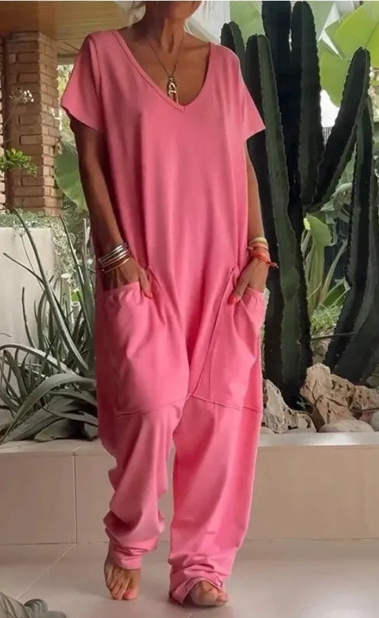 Summer Vintage Jumpsuits, Short Sleeve Loose Playsuit Overalls Romper With Pocket