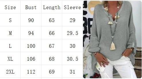 Summer Loose Linen Blouse, Long Sleeve Vintage Boho Shirt