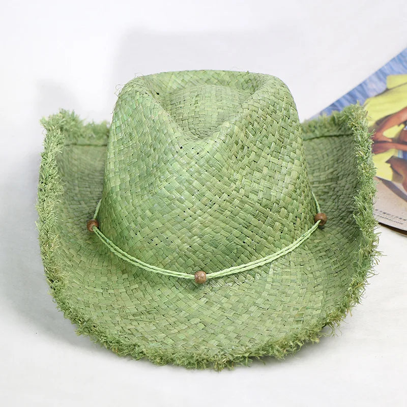 Boho Western Straw Cowboy Hat, Beach Vacation Sun Hat