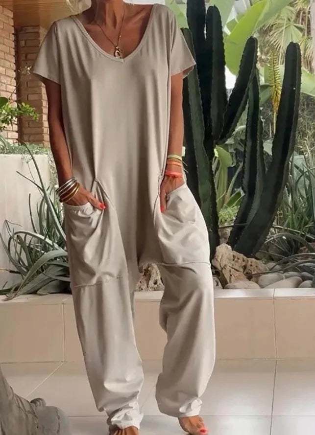 Summer Vintage Jumpsuits, Short Sleeve Loose Playsuit Overalls Romper With Pocket
