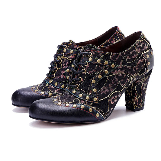 Johnature Retro Rivet Fashion High Heels, Witchy 2025 Autumn/Winter Handmade Genuine Leather Shoes