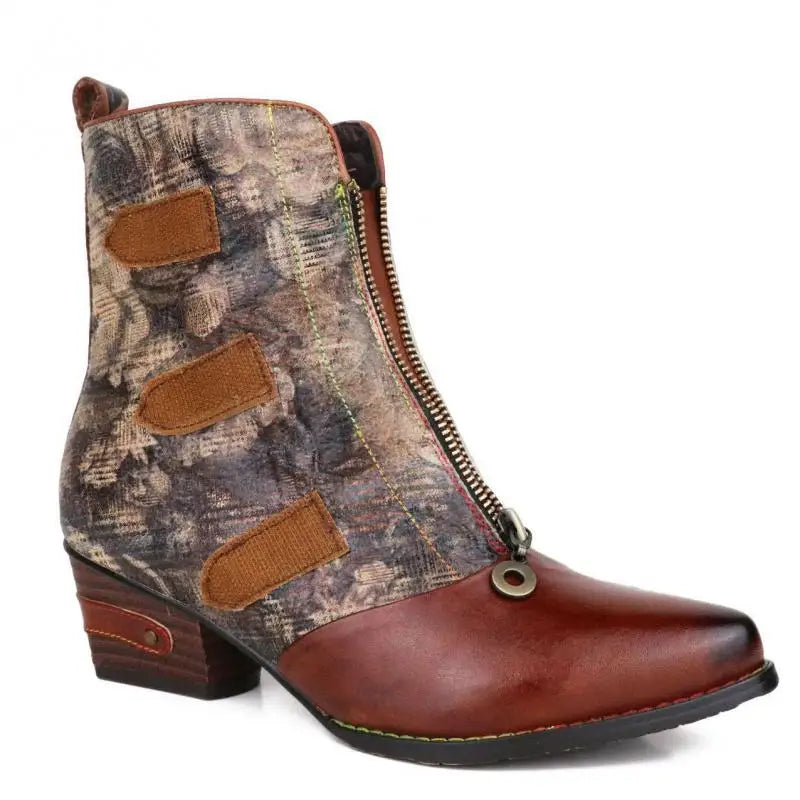 Johnature Embossed Strap Ankle Boots, Genuine Leather Patchwork Front Zip Pointed Toe