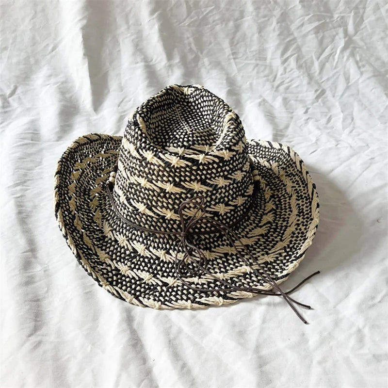 Ethnic Style Western Cowgirl Hat, Curling Brim Straw Beach Hat