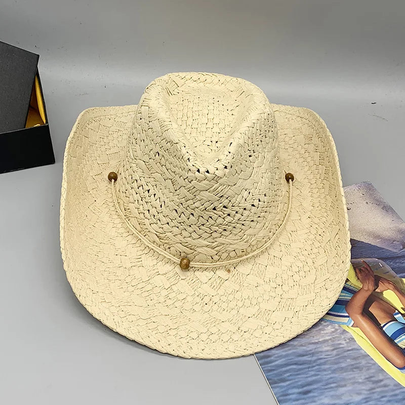 Boho Western Straw Cowboy Hat, Beach Vacation Sun Hat