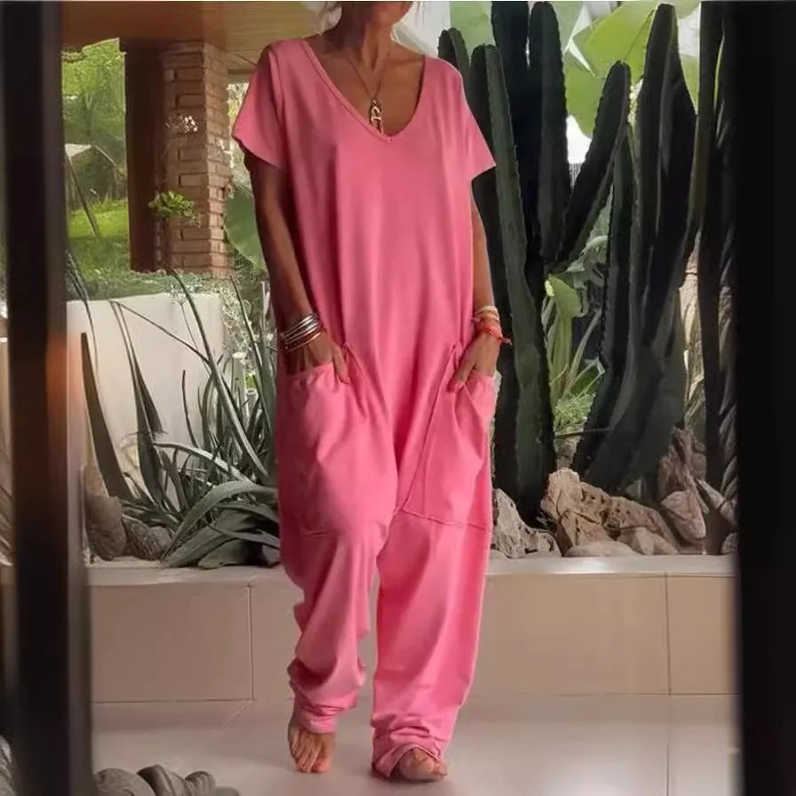 Summer Vintage Jumpsuits, Short Sleeve Loose Playsuit Overalls Romper With Pocket