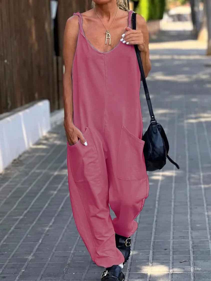 Women Loose Jumpsuits, Casual V Neck Backless Sleeveless Double Pocket Wide Leg Overalls 