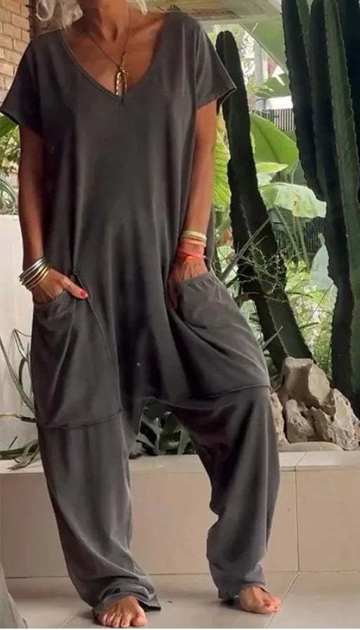 Summer Vintage Jumpsuits, Short Sleeve Loose Playsuit Overalls Romper With Pocket