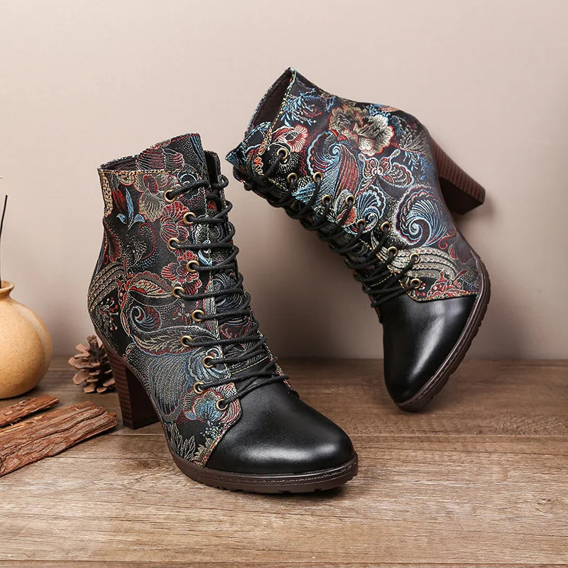 Johnature Dark Academia Ankle Boots, Genuine Leather Ethnic Style Pointed Toe