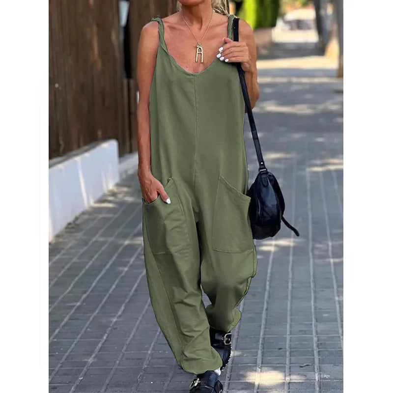Women Loose Jumpsuits, Casual V Neck Backless Sleeveless Double Pocket Wide Leg Overalls 