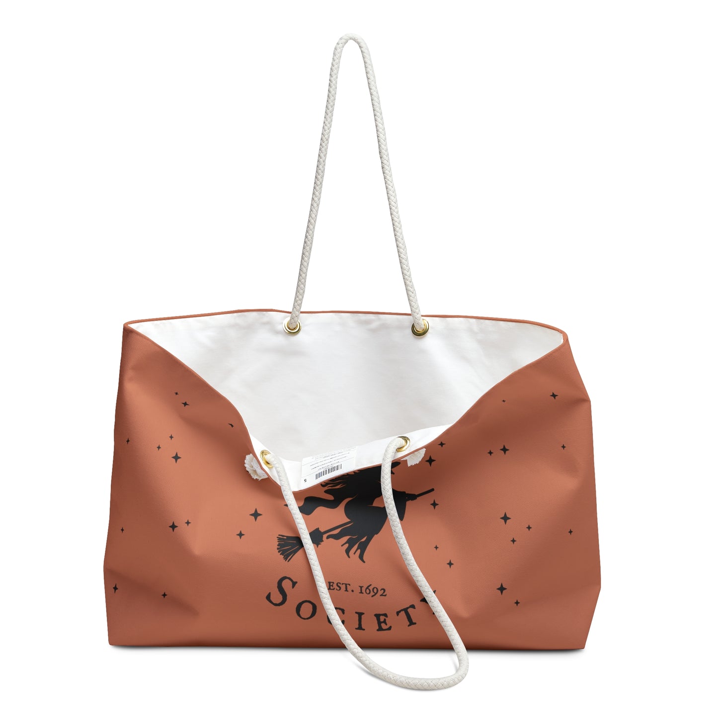 Brown tote bag with white interior and handle, featuring a logo and text on a white background.