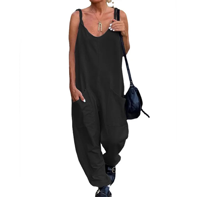 Women Loose Jumpsuits, Casual V Neck Backless Sleeveless Double Pocket Wide Leg Overalls 