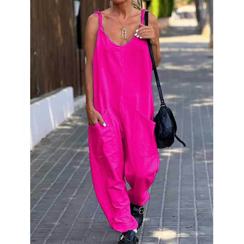 Women Loose Jumpsuits, Casual V Neck Backless Sleeveless Double Pocket Wide Leg Overalls 