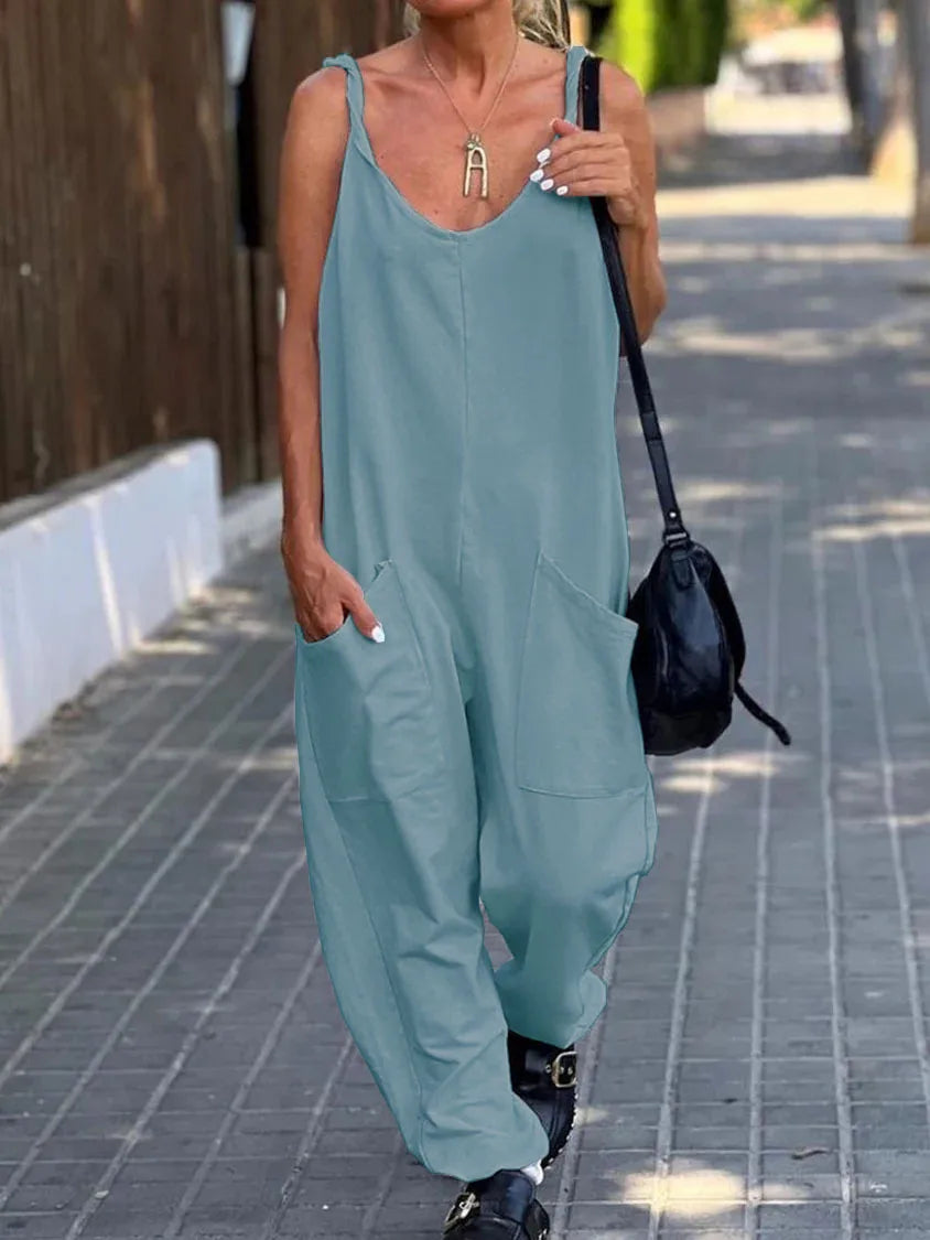 Women Loose Jumpsuits, Casual V Neck Backless Sleeveless Double Pocket Wide Leg Overalls 