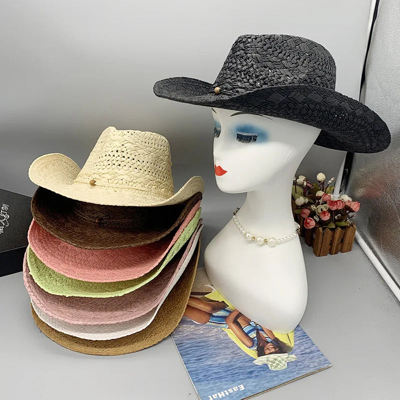 Boho Western Straw Cowboy Hat, Beach Vacation Sun Hat
