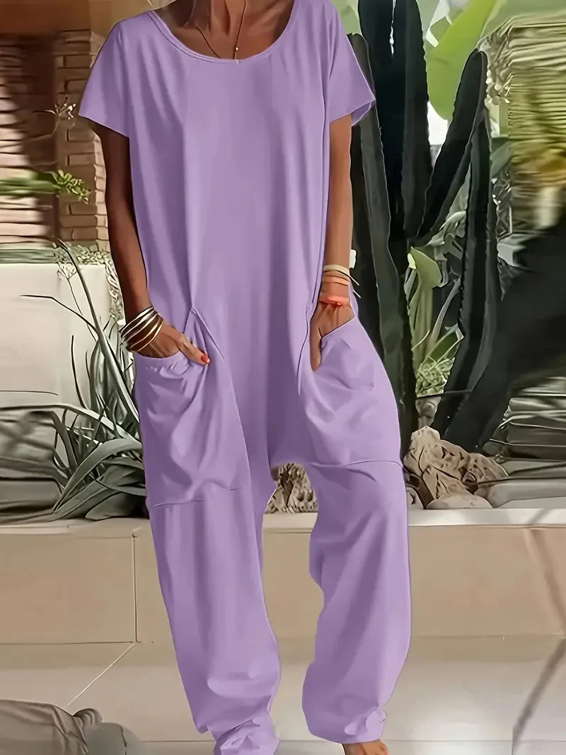 Summer Vintage Jumpsuits, Short Sleeve Loose Playsuit Overalls Romper With Pocket