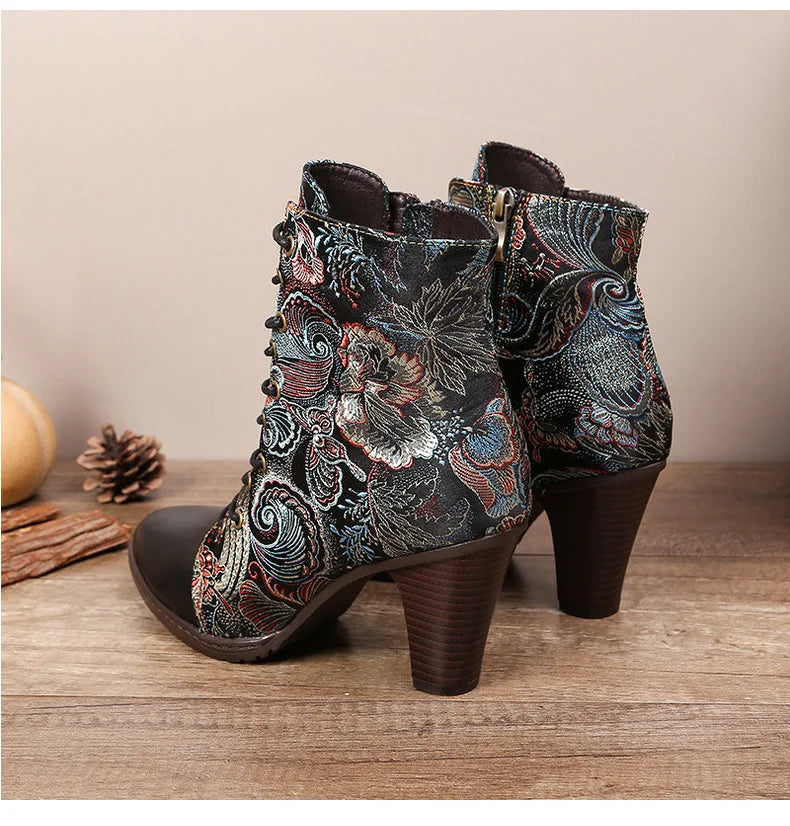 Johnature Dark Academia Ankle Boots, Genuine Leather Ethnic Style Pointed Toe