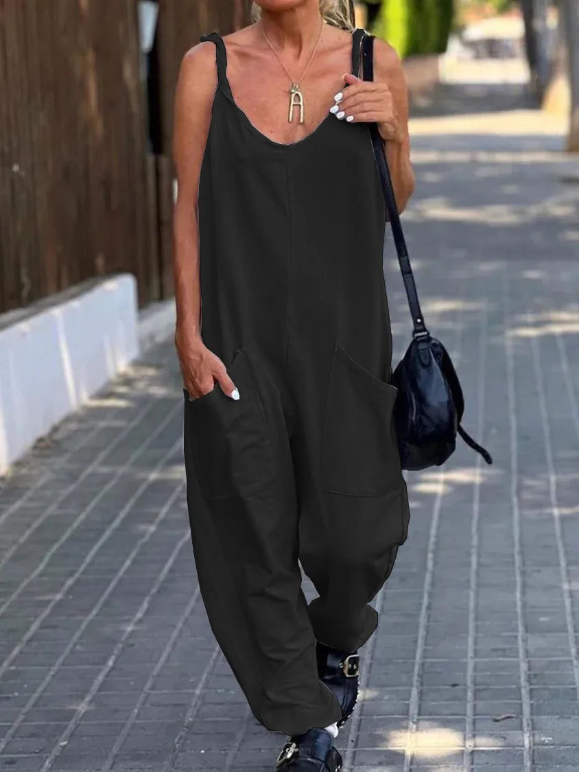 Women Loose Jumpsuits, Casual V Neck Backless Sleeveless Double Pocket Wide Leg Overalls 