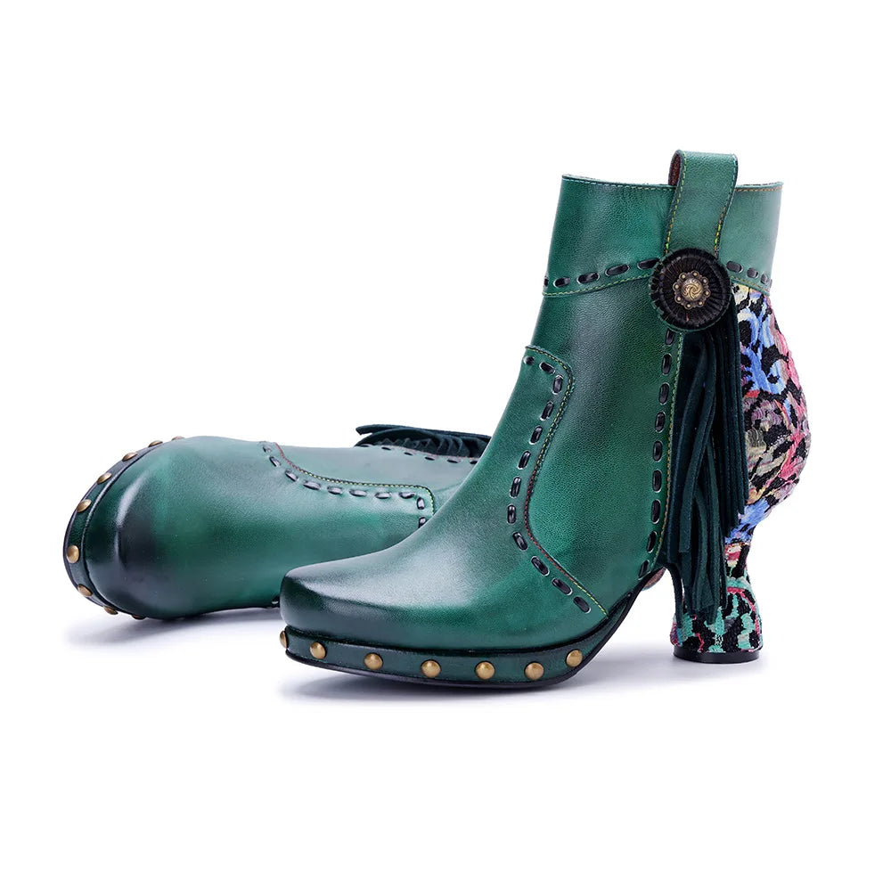 Johnature Handmade Genuine Green Leather Patchwork Printed Women's Boots
