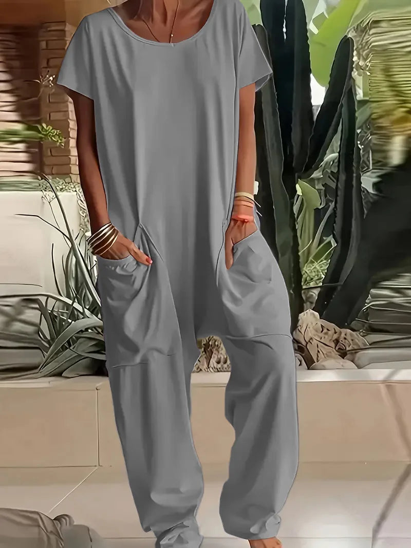 Summer Vintage Jumpsuits, Short Sleeve Loose Playsuit Overalls Romper With Pocket