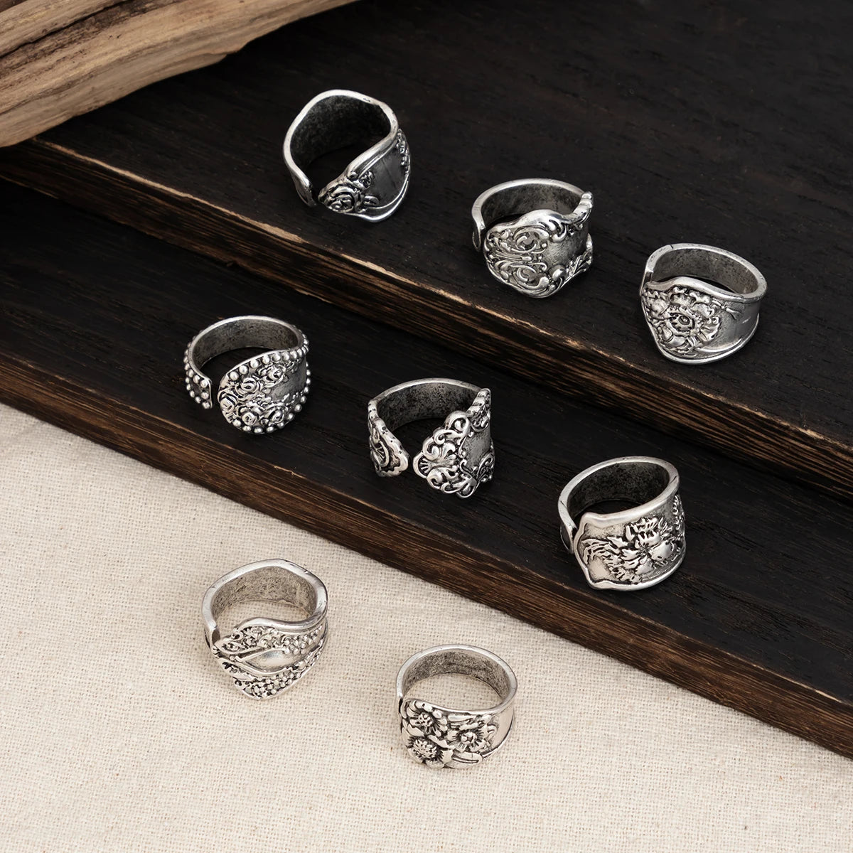 8Pcs Vintage Silver Cutlery Stem Rings, Boho Embossed Flower Silver Rings - The Witchy Gypsy