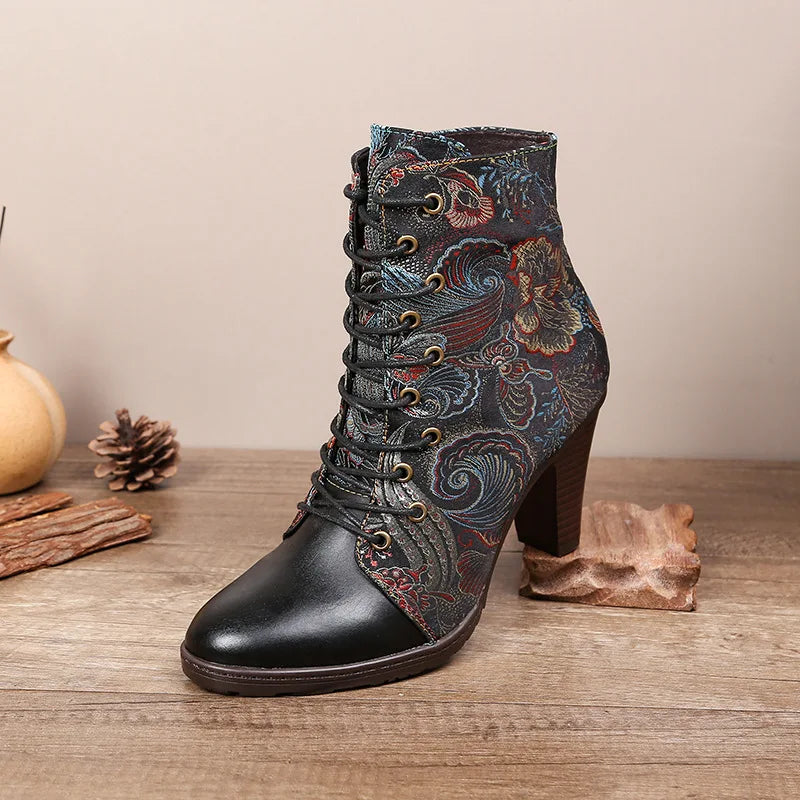 Johnature Dark Academia Ankle Boots, Genuine Leather Ethnic Style Pointed Toe
