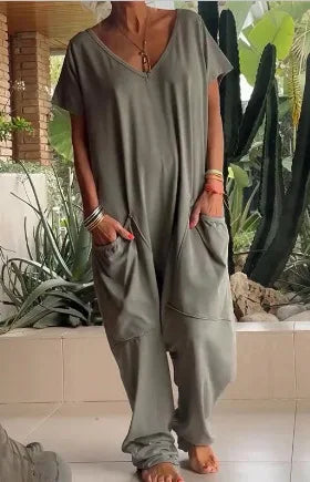 Summer Vintage Jumpsuits, Short Sleeve Loose Playsuit Overalls Romper With Pocket
