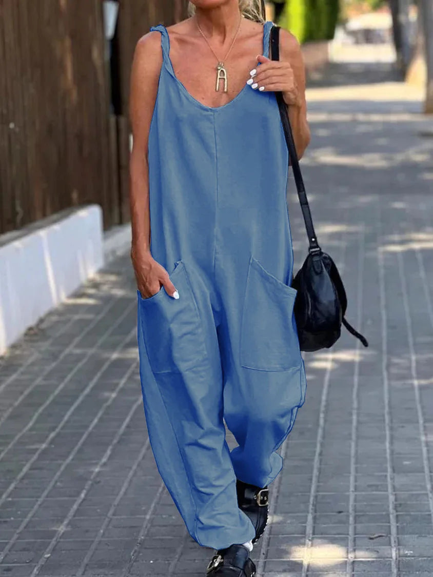 Women Loose Jumpsuits, Casual V Neck Backless Sleeveless Double Pocket Wide Leg Overalls 