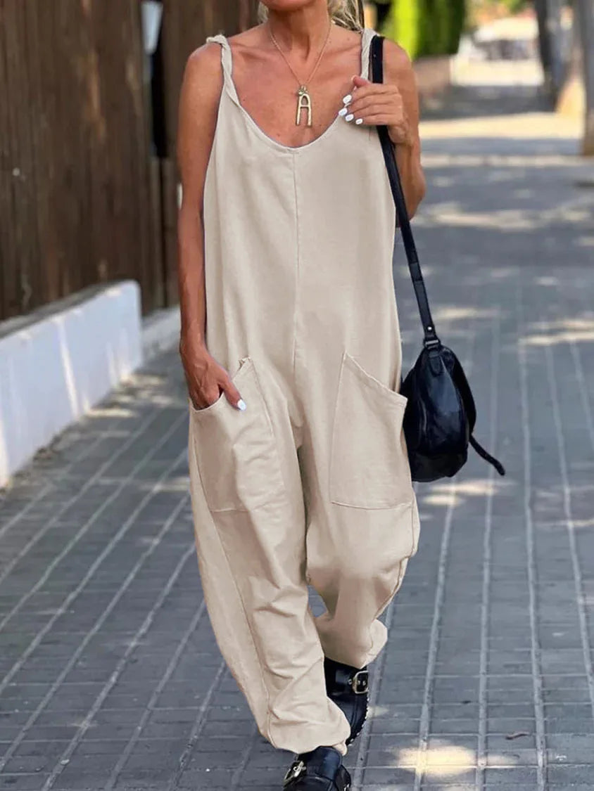Women Loose Jumpsuits, Casual V Neck Backless Sleeveless Double Pocket Wide Leg Overalls 