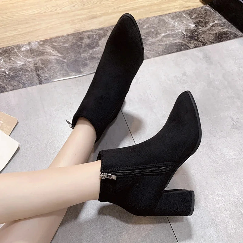 Short Women's Pointed Toe Thick Heel Boot, Autumn Side Zipper Comfortable Boots