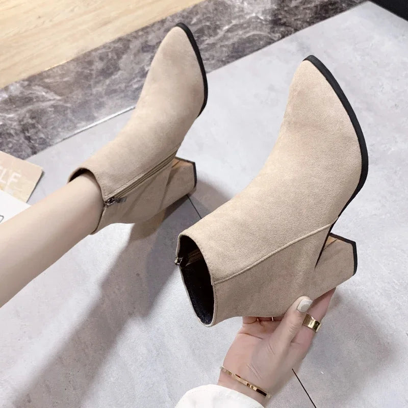 Short Women's Pointed Toe Thick Heel Boot, Autumn Side Zipper Comfortable Boots