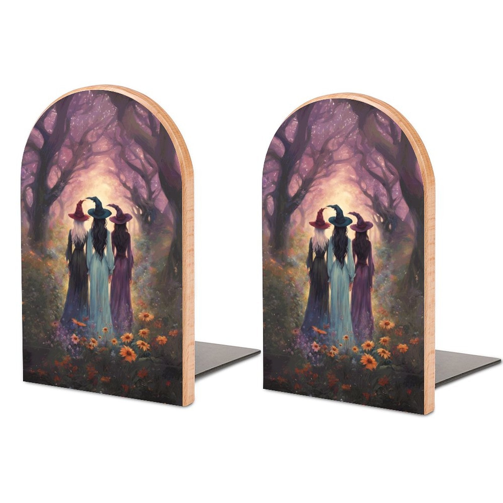 Sisterhood Witches Wood Bookends featuring a magical witches coven