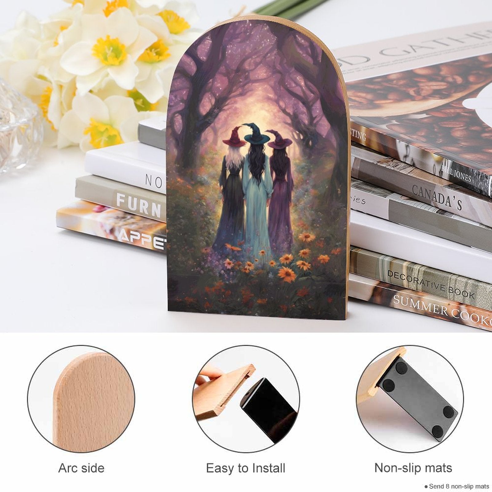 Sisterhood Witches Wood Bookends featuring a magical witches coven