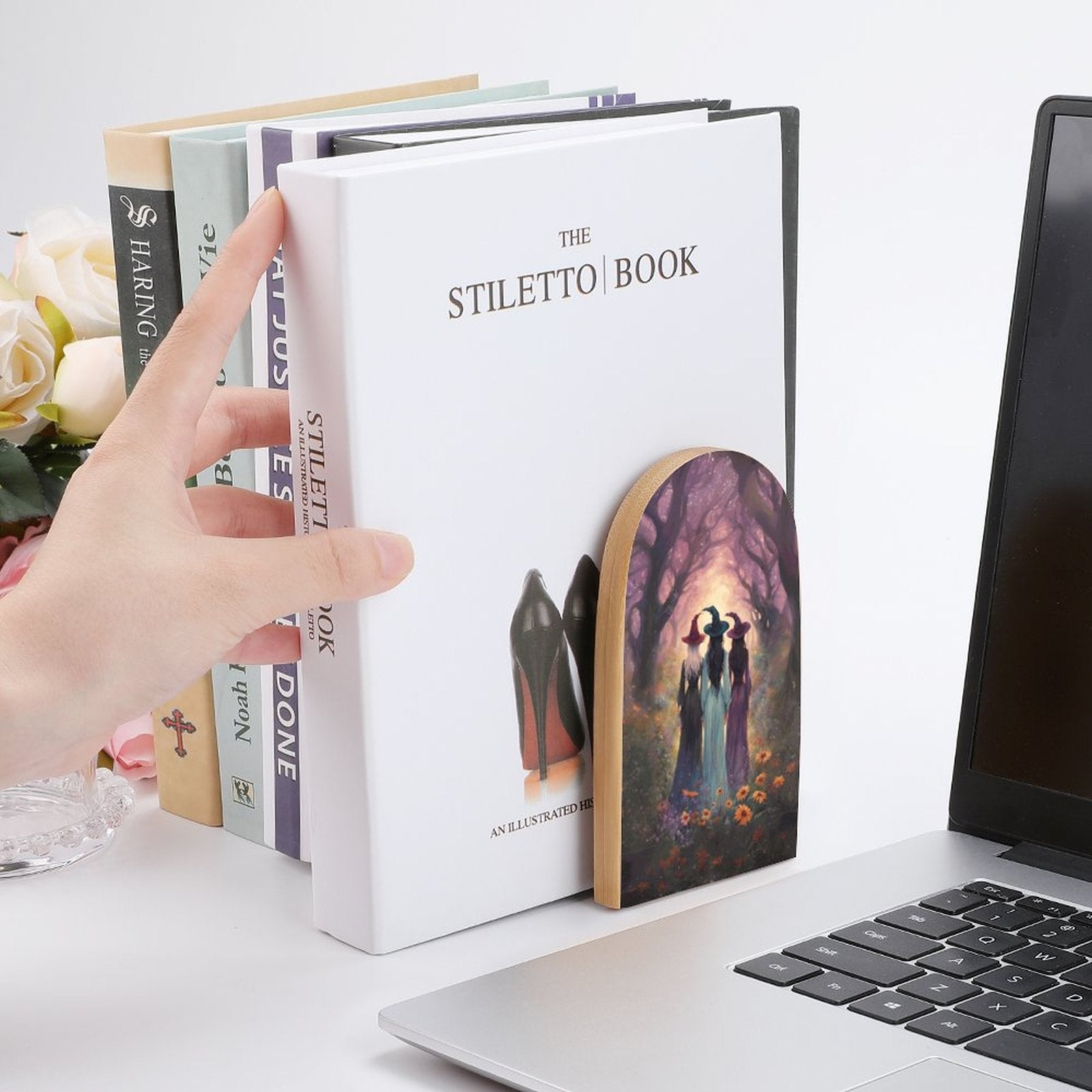 Sisterhood Witches Wood Bookends featuring a magical witches coven