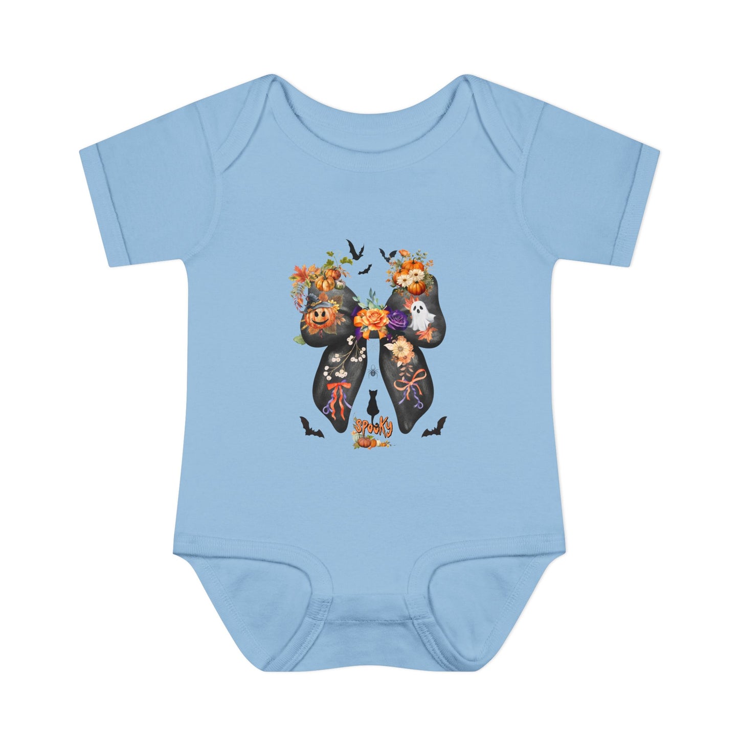 Light blue baby onesie with Halloween-themed design on a white background