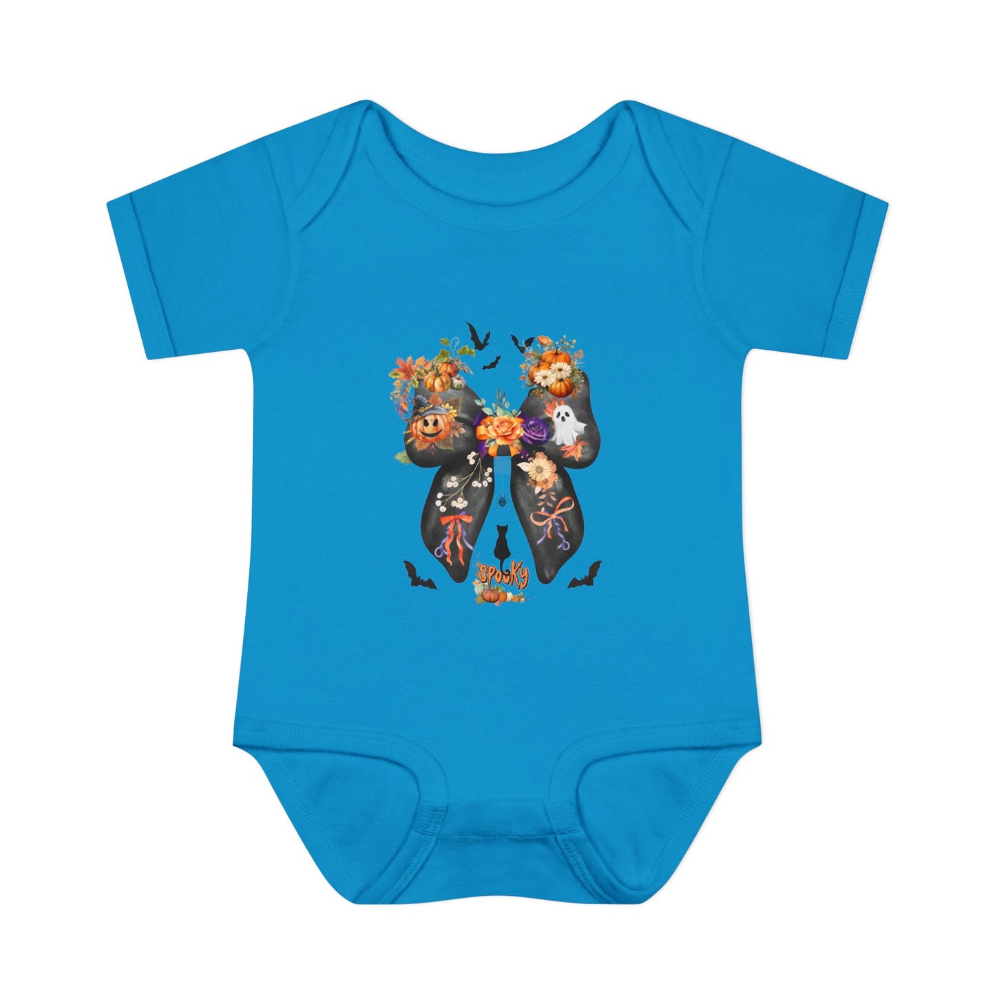 Blue baby onesie with a colorful halloween design on a white background