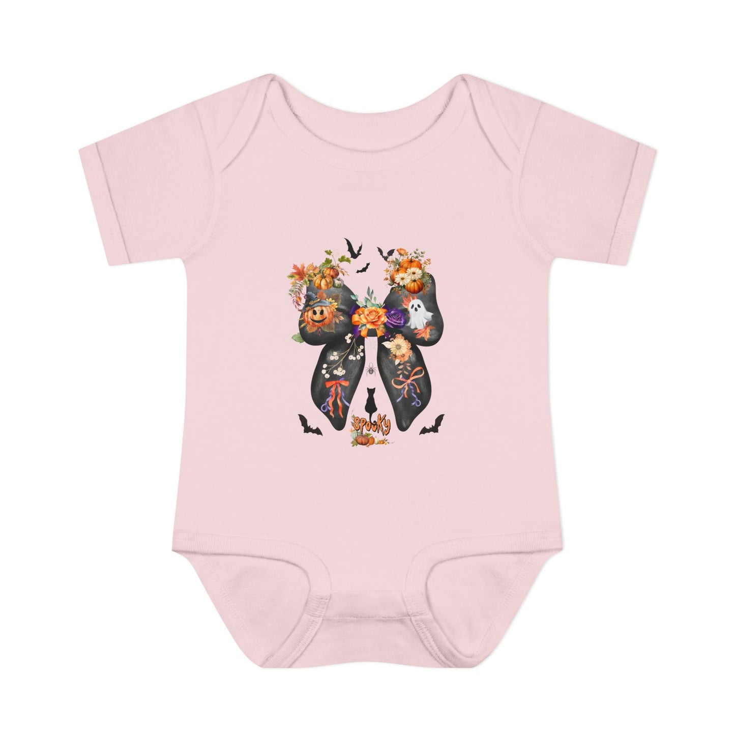 Pink baby onesie with Halloween-themed design on a white background