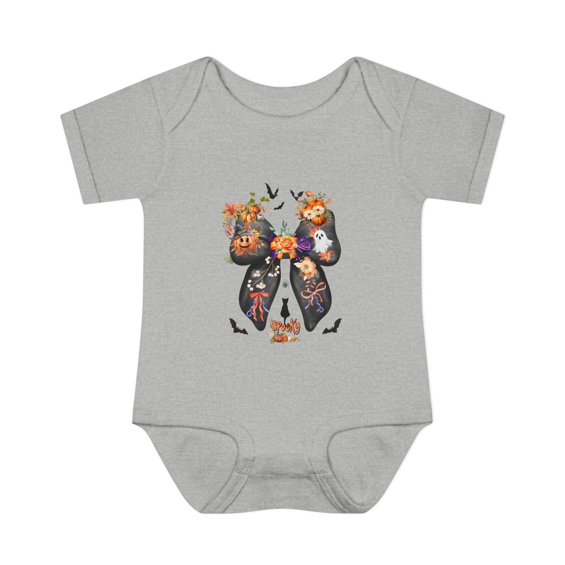 Gray baby onesie with Halloween-themed design on a white background