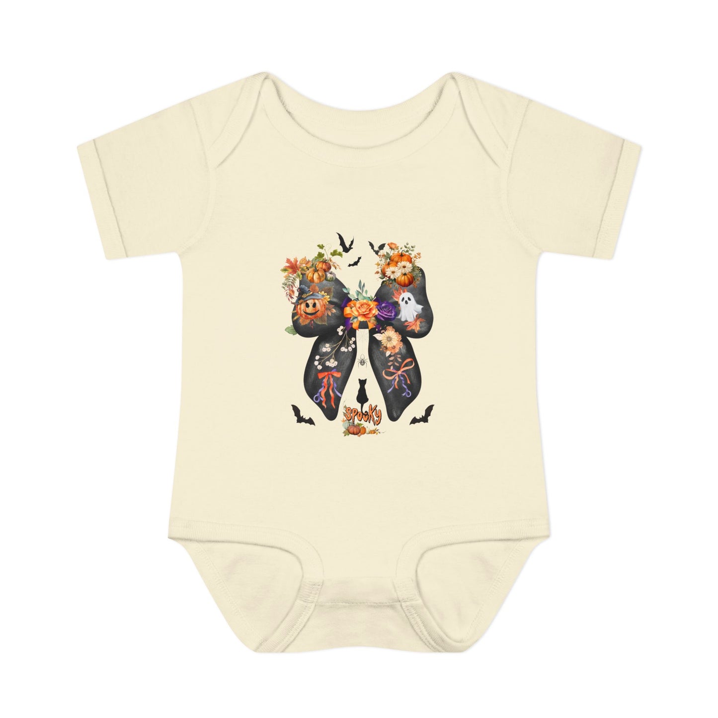 Beige baby onesie with Halloween-themed design on a white background