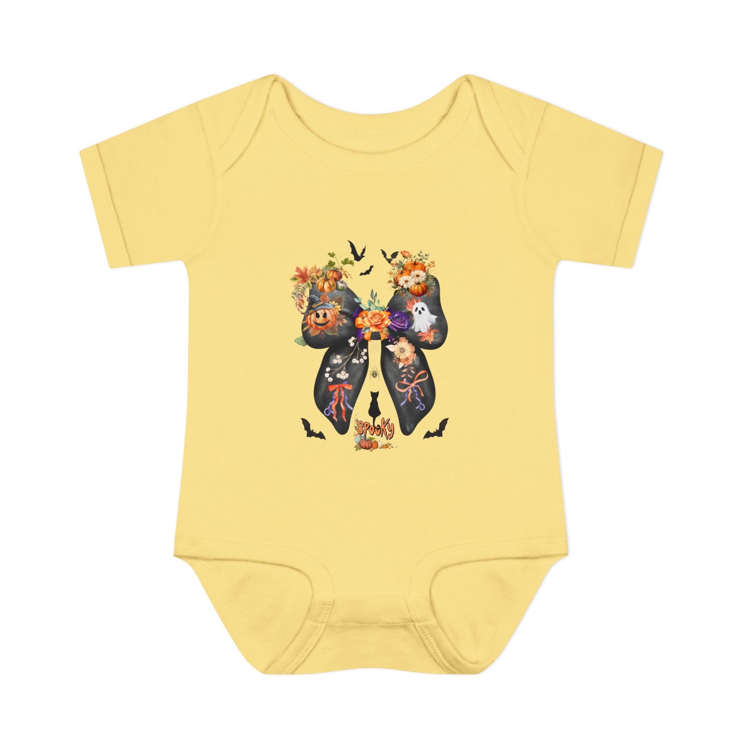 Yellow baby onesie with Halloween-themed design on a white background
