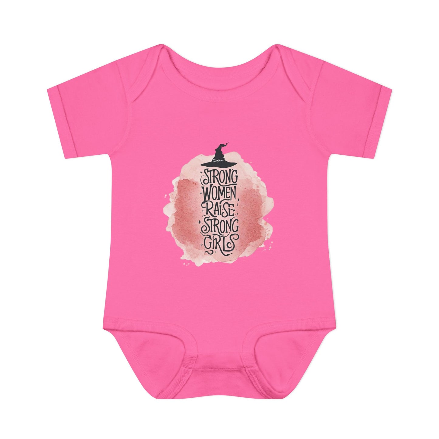 Pink baby onesie with a pumpkin design and text on a white background