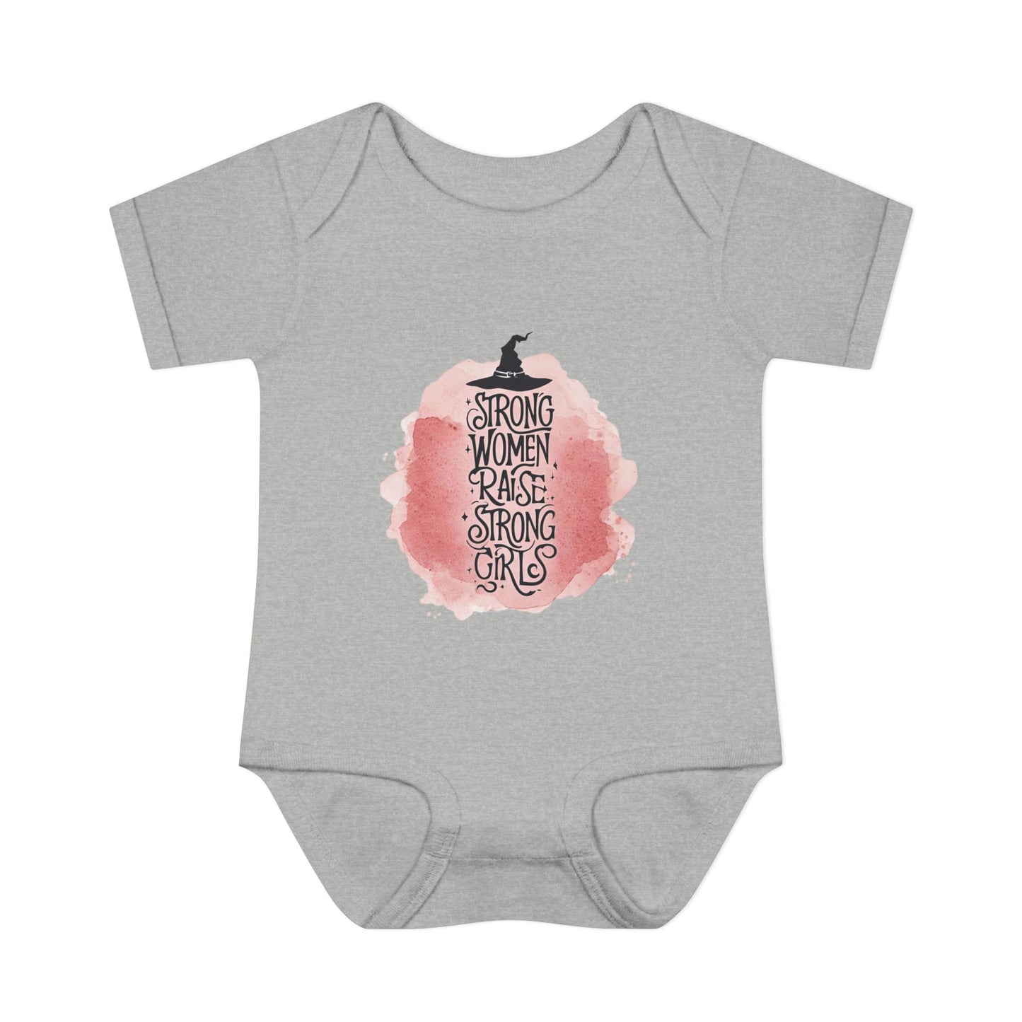 Gray baby onesie with a pink graphic and text on a white background